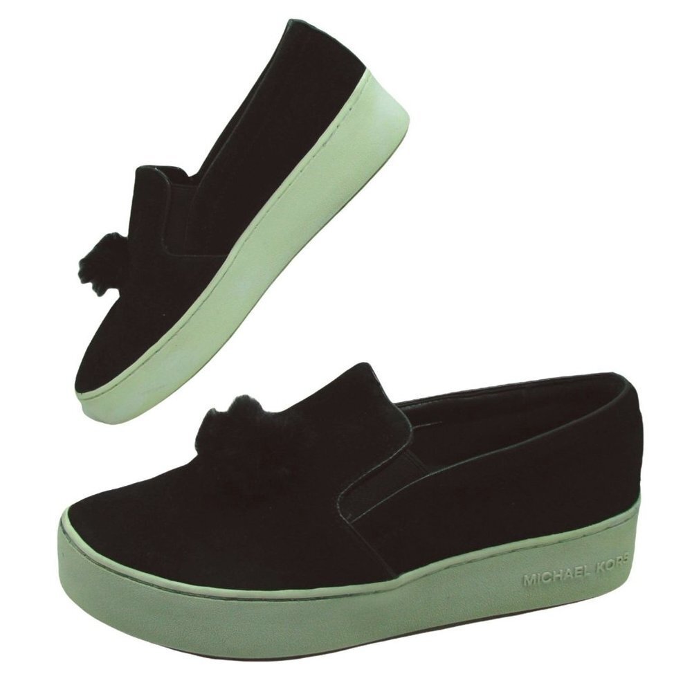 Michael Kors Pom-Pom Slip-On Sneaker Black Leather Suede Stretch Size 7.5M